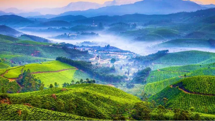 Devikulam Munnar region Kerala misty tea estate lake